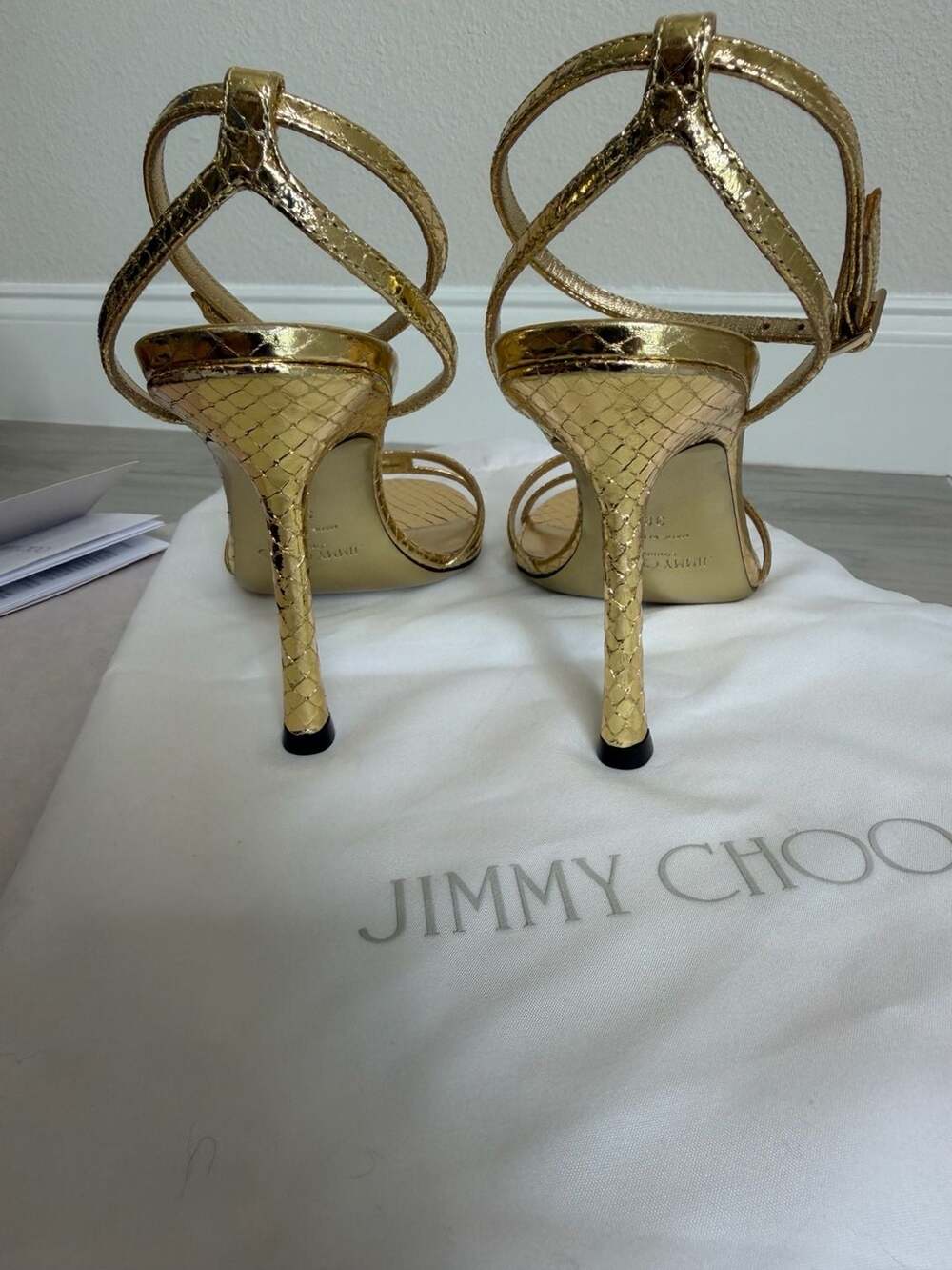 Jimmy Choo Leo 100 Gold Candy Wrap Leather Heels Sandals EU 38 US 8 - Picture 6 of 10